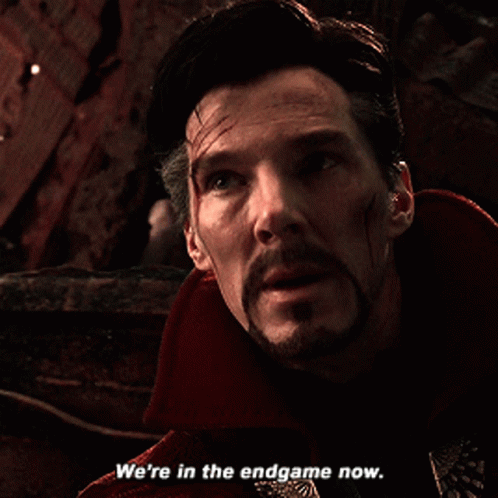 A Close Up Of A Man 'S Face With The Words " We 'Re In The Endgame Now " GIF