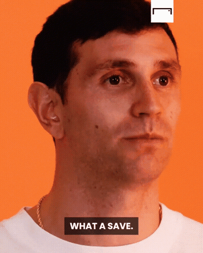 A Close Up Of A Man 'S Face With The Words What A Save Above Him GIF