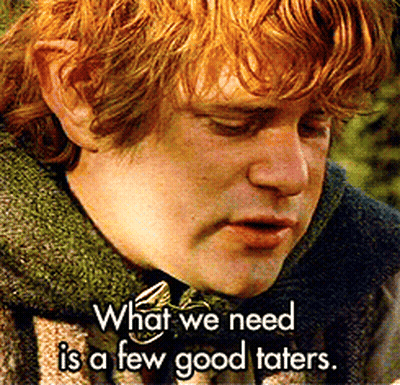 A Close Up Of A Man 'S Face With The Words " What We Need Is A Few Good Taters " GIF