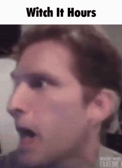 A Close Up Of A Man 'S Face With The Words " Witch It Hours " Above It GIF