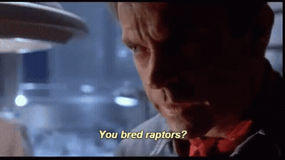 A Close Up Of A Man 'S Face With The Words " You Bred Raptors " On The Bottom GIF