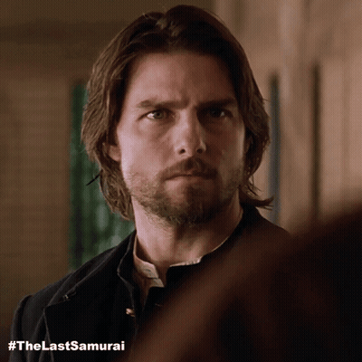 A Close Up Of A Man 'S Face With #Thelastsamurai Written Below Him GIF