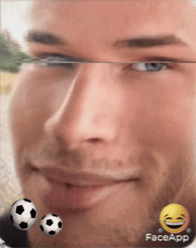 A Close Up Of A Man 'S Face With Two Soccer Balls And A Face App Logo GIF