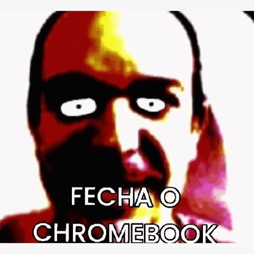 A Close Up Of A Man 'S Face With White Eyes And The Words `` Fecha O Chromebook '' Written On It . GIF