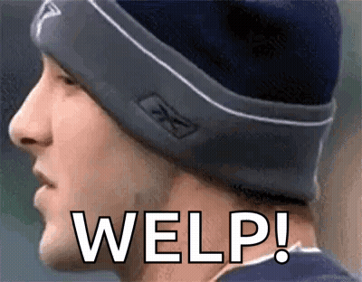 A Close Up Of A Man Wearing A Beanie With The Words Welp ! Written On It . GIF