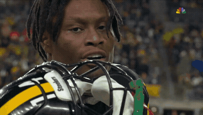 A Close Up Of A Man Wearing A Steelers Football Helmet GIF