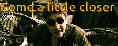 A Close Up Of A Man With The Words " Come A Little Closer " Above Him GIF