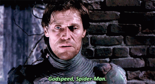 A Close Up Of A Man With The Words Godspeed Spider-Man Written On The Bottom GIF