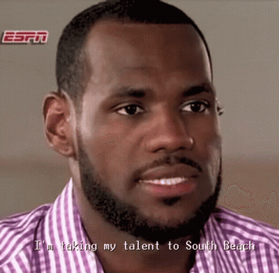 A Close Up Of A Man With The Words " I 'M Taking My Talent To South Beach " On The Bottom GIF