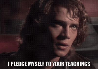 A Close Up Of A Man With The Words " I Pledge Myself To Your Teachings " GIF