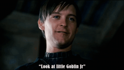 A Close Up Of A Man With The Words " Look At Little Goblin Jr " On The Bottom GIF