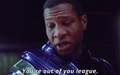 A Close Up Of A Man With The Words You 'Re Out Of Your League GIF
