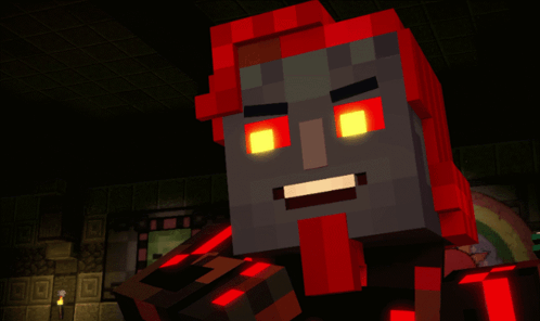 A Close Up Of A Minecraft Character With Red Lights On His Face GIF