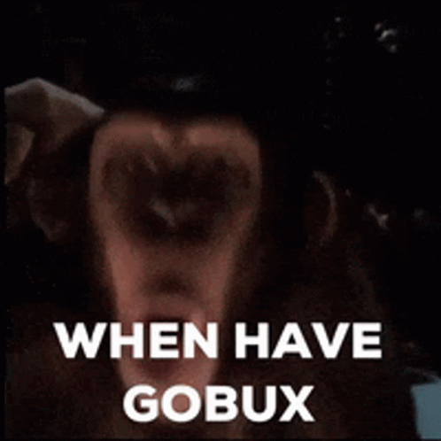 A Close Up Of A Monkey 'S Face With The Words When Have Gobux Written Above It . GIF