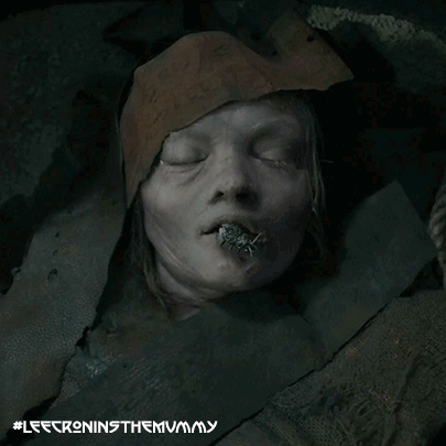A Close Up Of A Mummy 'S Face With The Hashtag Lee Croninsthemummy GIF