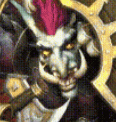 A Close Up Of A Painting Of A Demon With Horns And A Sword . GIF
