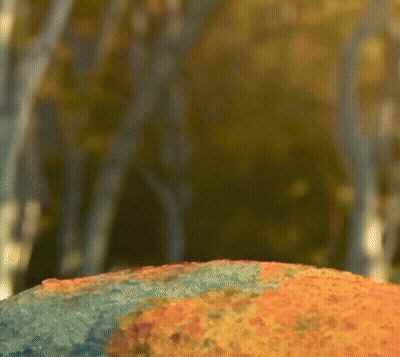 A Close Up Of A Painting Of A Landscape With Trees In The Background GIF