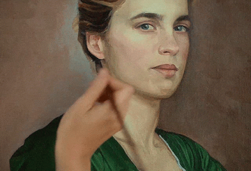 A Close Up Of A Painting Of A Woman In A Green Top GIF