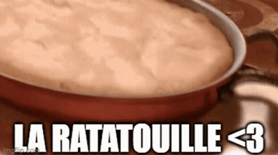 A Close Up Of A Pan Of Food With The Words La Ratatouille < 3 Below It GIF