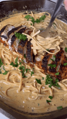 A Close Up Of A Pan Of Pasta With Chicken And Parsley GIF