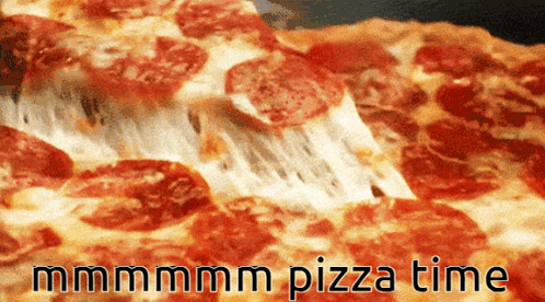 A Close Up Of A Pepperoni Pizza With The Words " Mmmm Pizza Time " Above It GIF