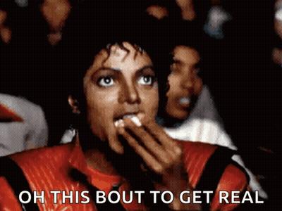 A Close Up Of A Person Eating Popcorn With The Words Oh This Bout To Get Real Behind Them GIF