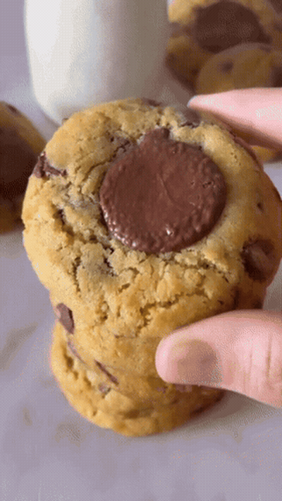 A Close Up Of A Person Holding A Cookie With Chocolate Chips GIF