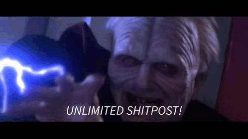 A Close Up Of A Person Holding A Lightning Bolt With The Words `` Unlimited Shitpost '' Written On It . GIF