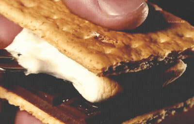 A Close Up Of A Person Holding A S'mores With The Word Shandy On The Bottom Right GIF