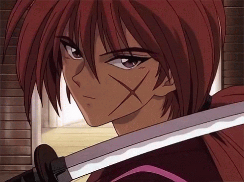 A Close Up Of A Person Holding A Sword With An X On His Face GIF