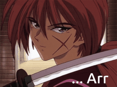 A Close Up Of A Person Holding A Sword With The Word Arr Below Them GIF