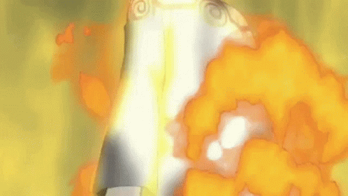 A Close Up Of A Person 'S Back With A Fireball Coming Out Of It And A Yellow Background . GIF