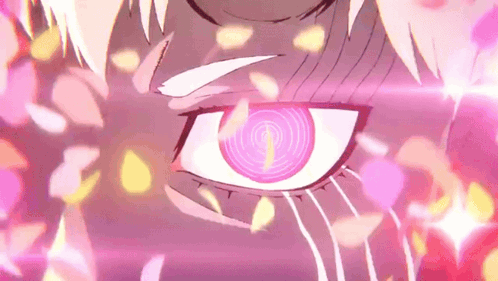 A Close Up Of A Person 'S Eye With A Pink Swirl In It Surrounded By Pink Petals . GIF