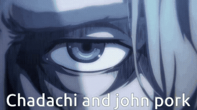 A Close Up Of A Person 'S Eye With The Words " Chadachi And John Pork " Above It GIF
