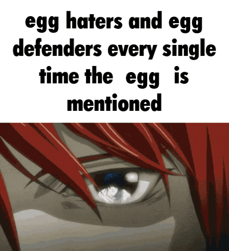 A Close Up Of A Person 'S Eye With The Words " Egg Haters And Egg Defenders Every Single Time The Egg Is Mentioned " Bel GIF