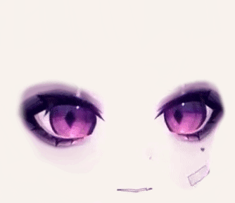A Close Up Of A Person 'S Eyes With Purple Eyes And A Slight Smirk On Their Face . GIF