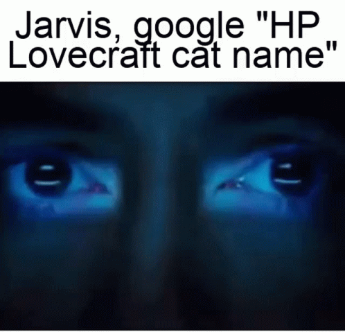 A Close Up Of A Person 'S Eyes With The Words Jarvis , Google Hp Lovecraft Cat Name Written Above Them GIF
