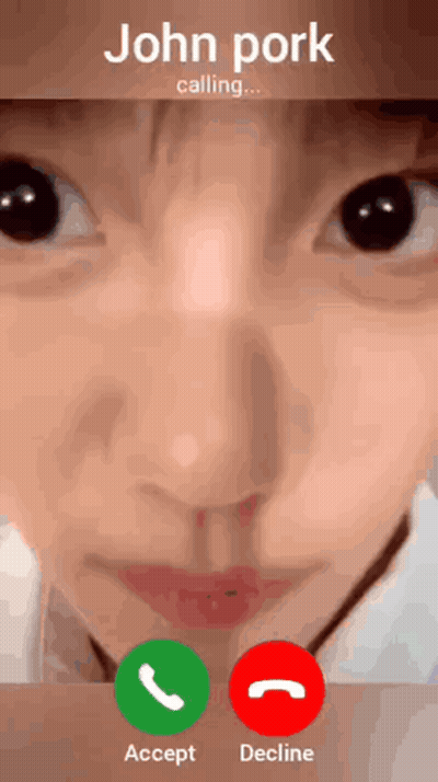 A Close Up Of A Person 'S Face On A Phone Screen That Says John Pork Calling Accept Decline GIF