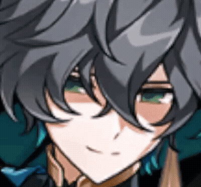 A Close Up Of A Person 'S Face With A Gray Haired Anime Character With Green Eyes . GIF