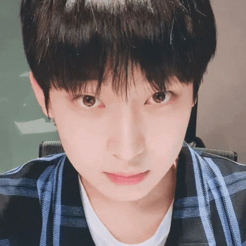 A Close Up Of A Person 'S Face With A Plaid Shirt GIF