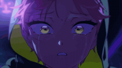A Close Up Of A Person 'S Face With A Purple And Blue Background GIF