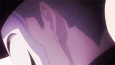 A Close Up Of A Person 'S Face With A Purple Background And A Purple Haircut . GIF