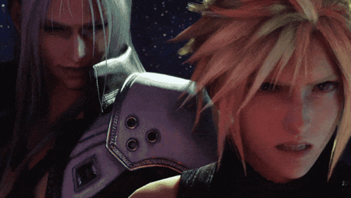 A Close Up Of A Person 'S Face With A Purple Shoulder Armor GIF