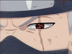 A Close Up Of A Person 'S Face With A Red Eye And The Word Naruto On The Bottom Right GIF