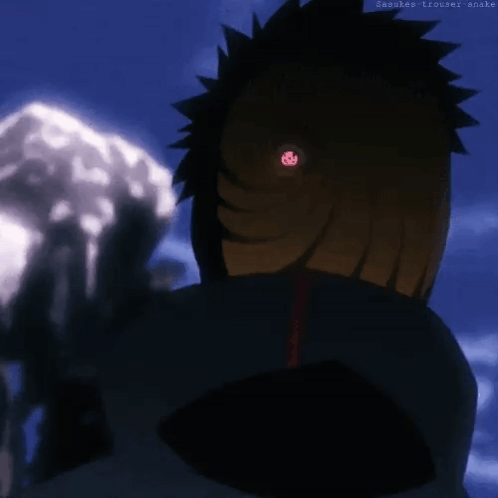 A Close Up Of A Person 'S Face With A Red Eye And The Words Sasuke 'S Trousers Snake Below It GIF