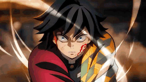 A Close Up Of A Person 'S Face With A Sword In Their Hand . GIF