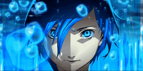 A Close Up Of A Person 'S Face With Blue Hair And Blue Eyes GIF