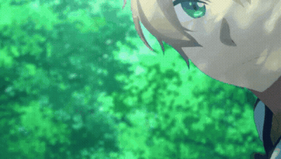 A Close Up Of A Person 'S Face With Green Eyes And Trees In The Background GIF