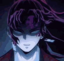 A Close Up Of A Person 'S Face With Long Purple Hair . GIF