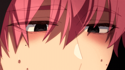 A Close Up Of A Person 'S Face With Pink Hair And Black Eyes GIF